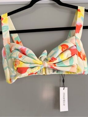 Montce Cream Floral Tie-Front bikini Top with Coral & Mint Accents